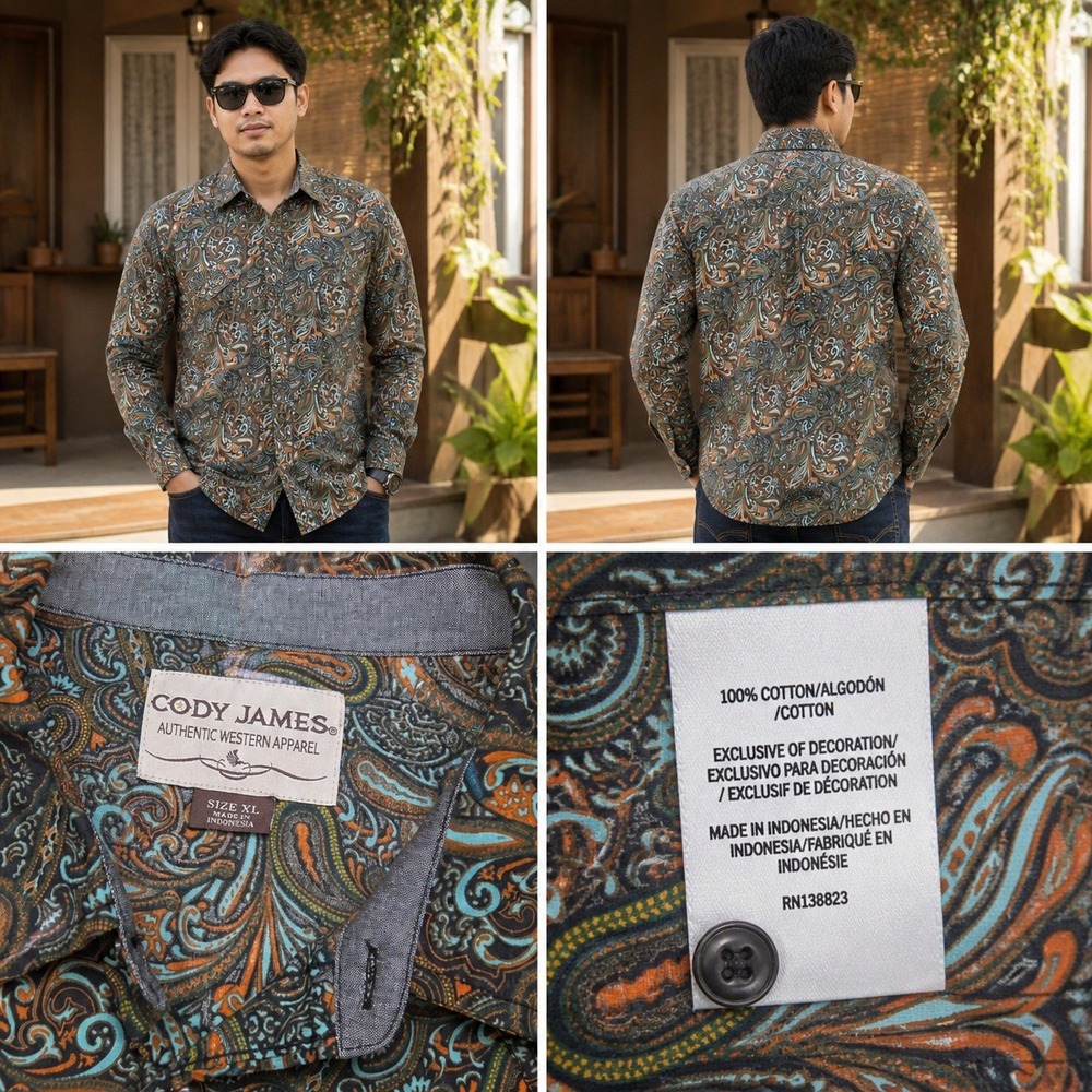 Cody James Mens Paisley Western Snap Shirt XL Long Sleeve Brown‎ Teal RN138823